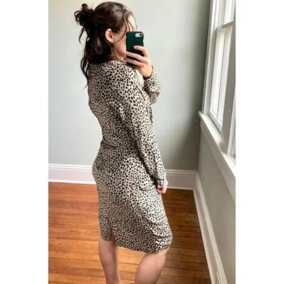 Vintage 90s White Black Leopard Cheetah Animal Print Ruched Dress - Picture 3 of 10